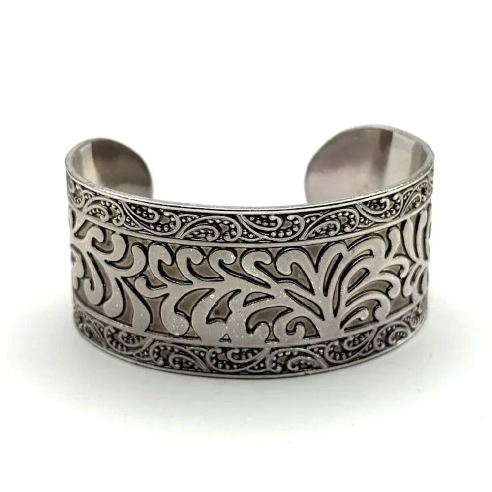 Premier Designs Women's Wide Intricate Etched Silvertone Cuff Bracelet